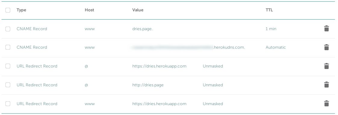 Screenshot of the DNS configuration showing a redirect URL to dries.herokuapp.com