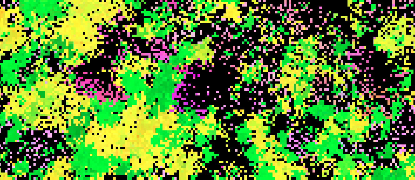 A grid of green and yellow pixels with open spaces where purple pixels frollick.